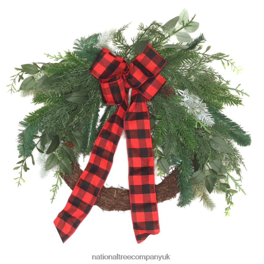 Greenery | National Tree Company Artificial Mixed Pine and Bow Christmas Wreath Evergreen Branch Tips and Leafy Greens Decorated with Petite Pinecones Red  Black Plaid Bow 22 in F2L4F318